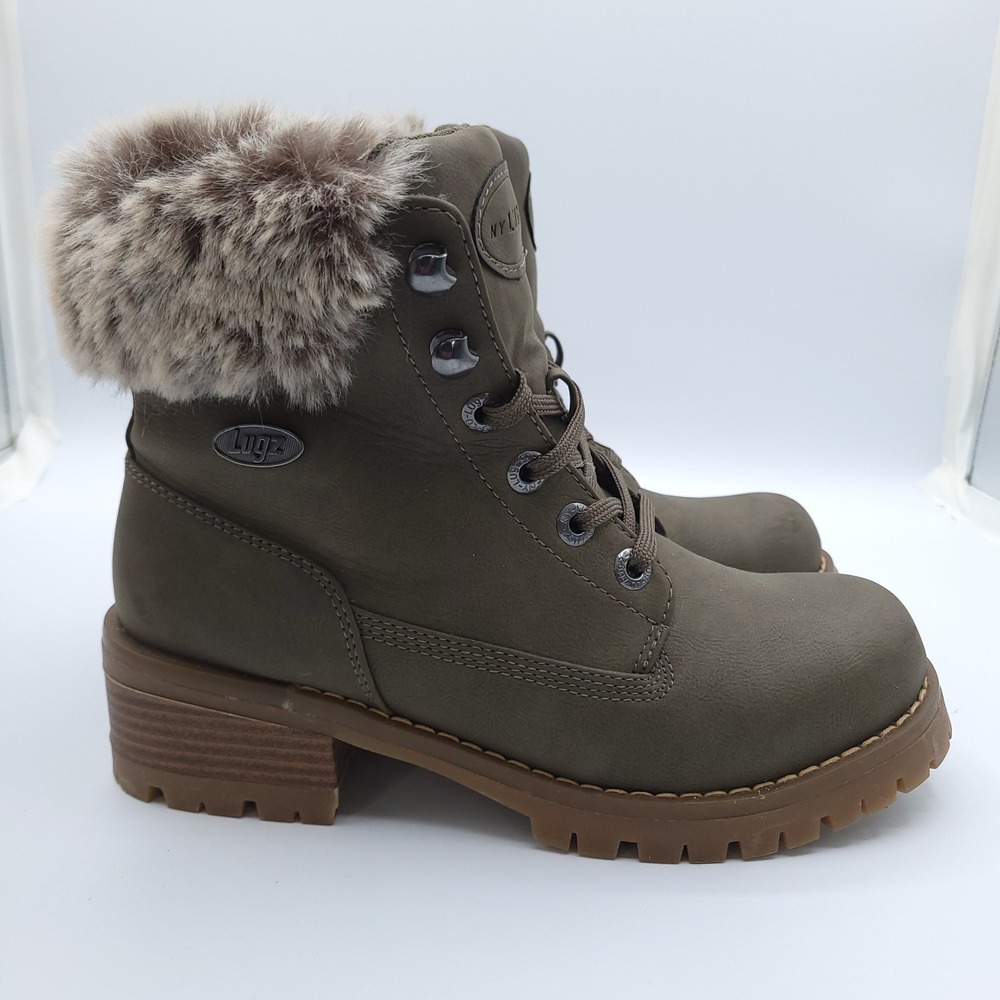 Lugz Flirt Hi Fur Boots Womens 7.5 Olive Green Gray Faux Fur Trim C53BR